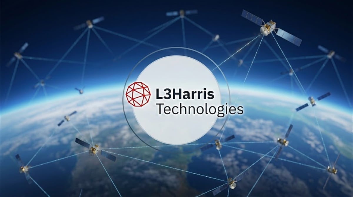 L3Harris Technologies logo overlaid on a rendered satellite network orbiting Earth.