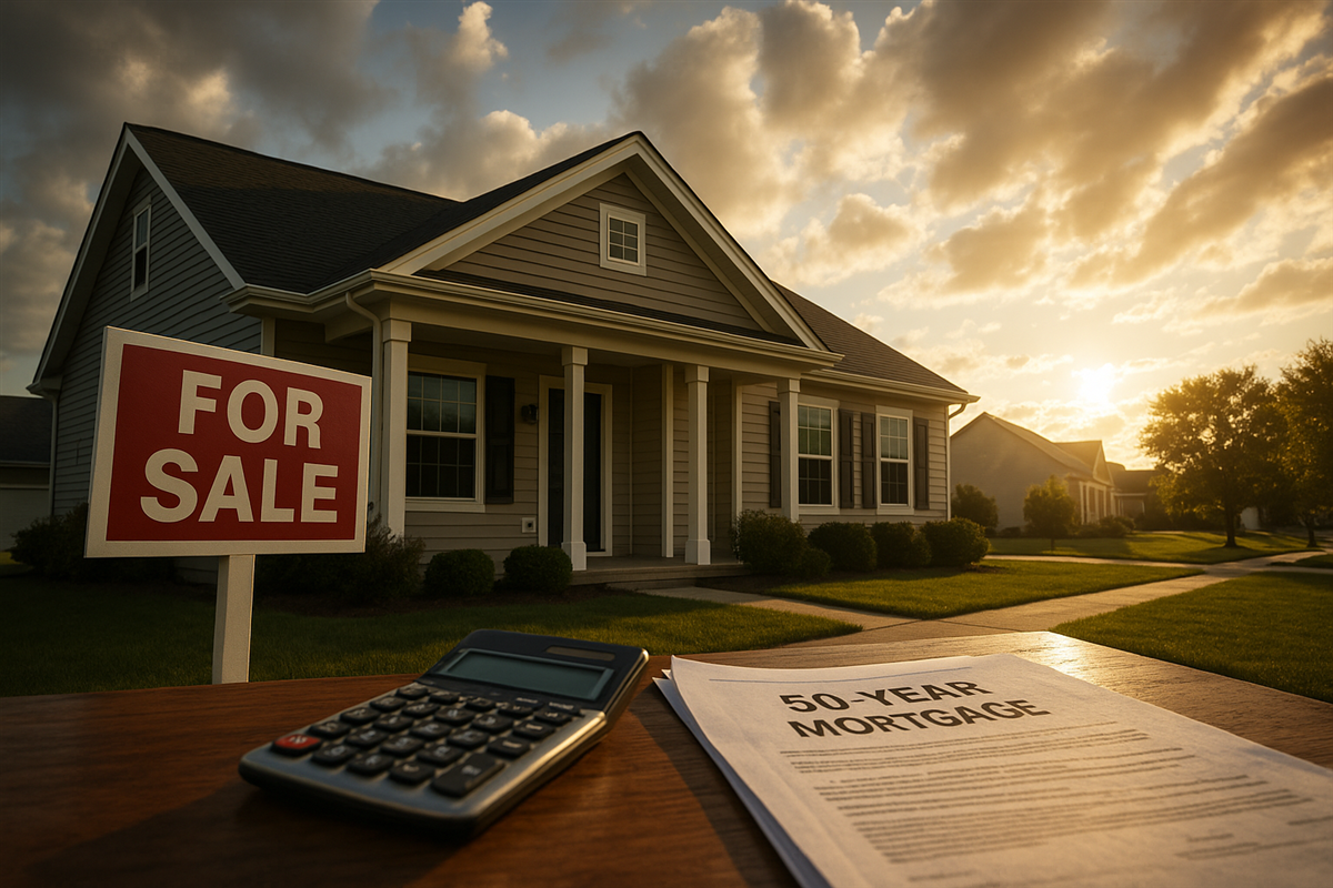 A suburban home with a "For Sale" sign, calculator, and 50-year mortgage paperwork in the foreground.