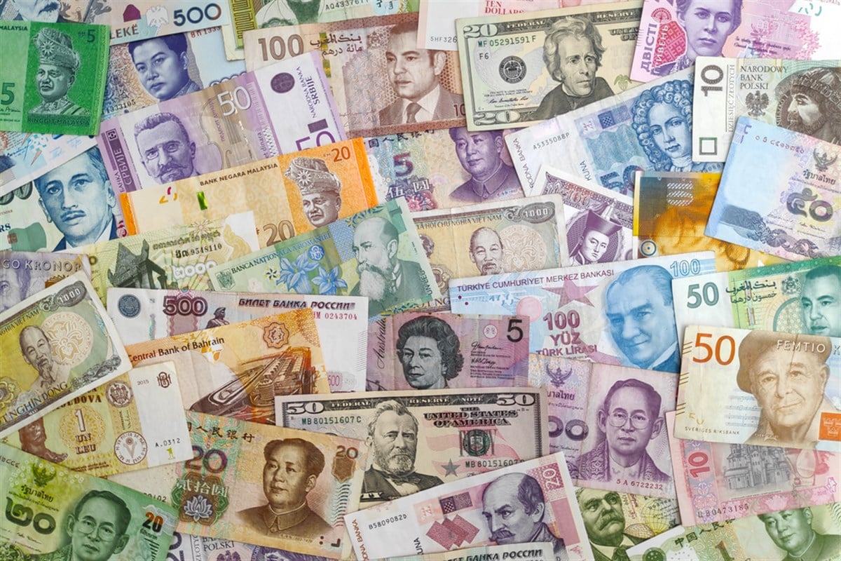 Full frame stack of international banknotes.