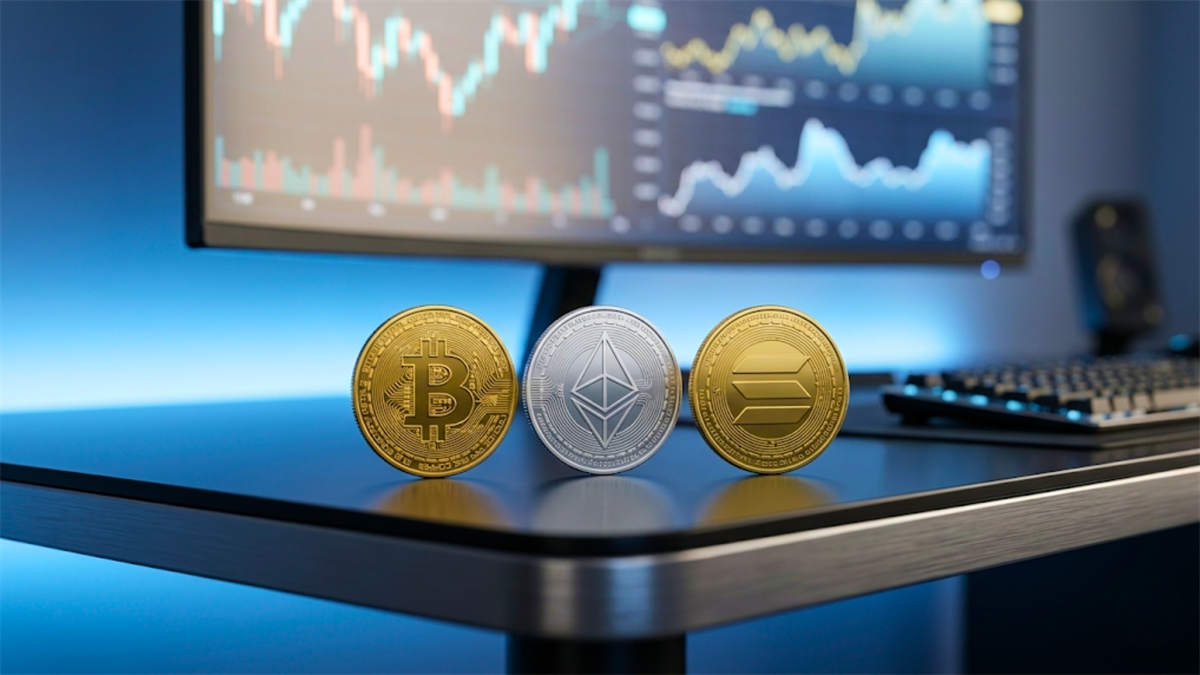 Bitcoin, Ethereum, and Solana coins on desk in front of price charts.