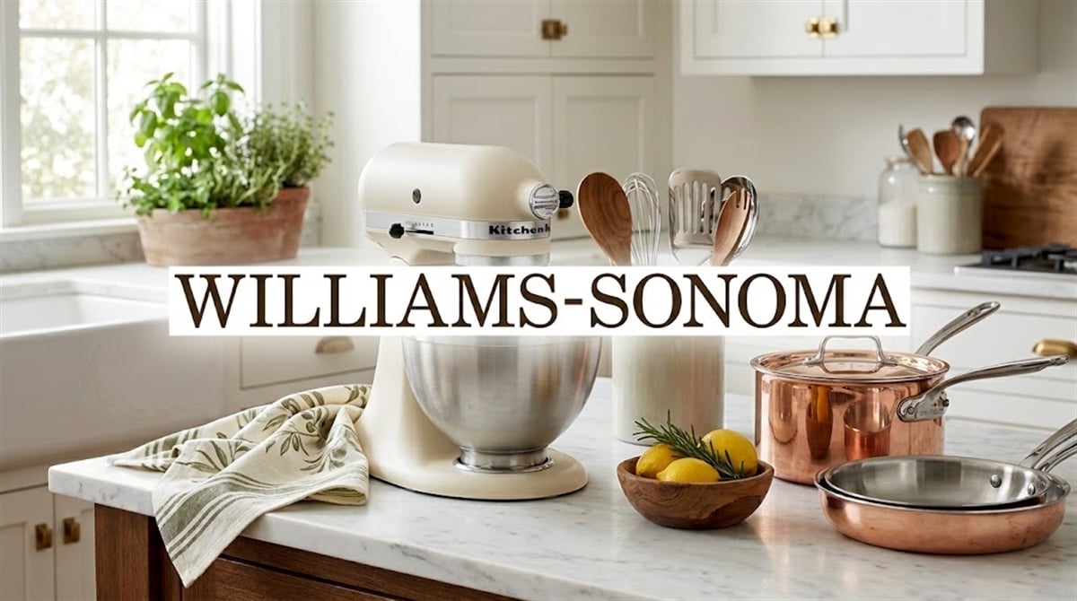Williams-Sonoma branded image featuring a KitchenAid stand mixer and copper cookware on a marble countertop.