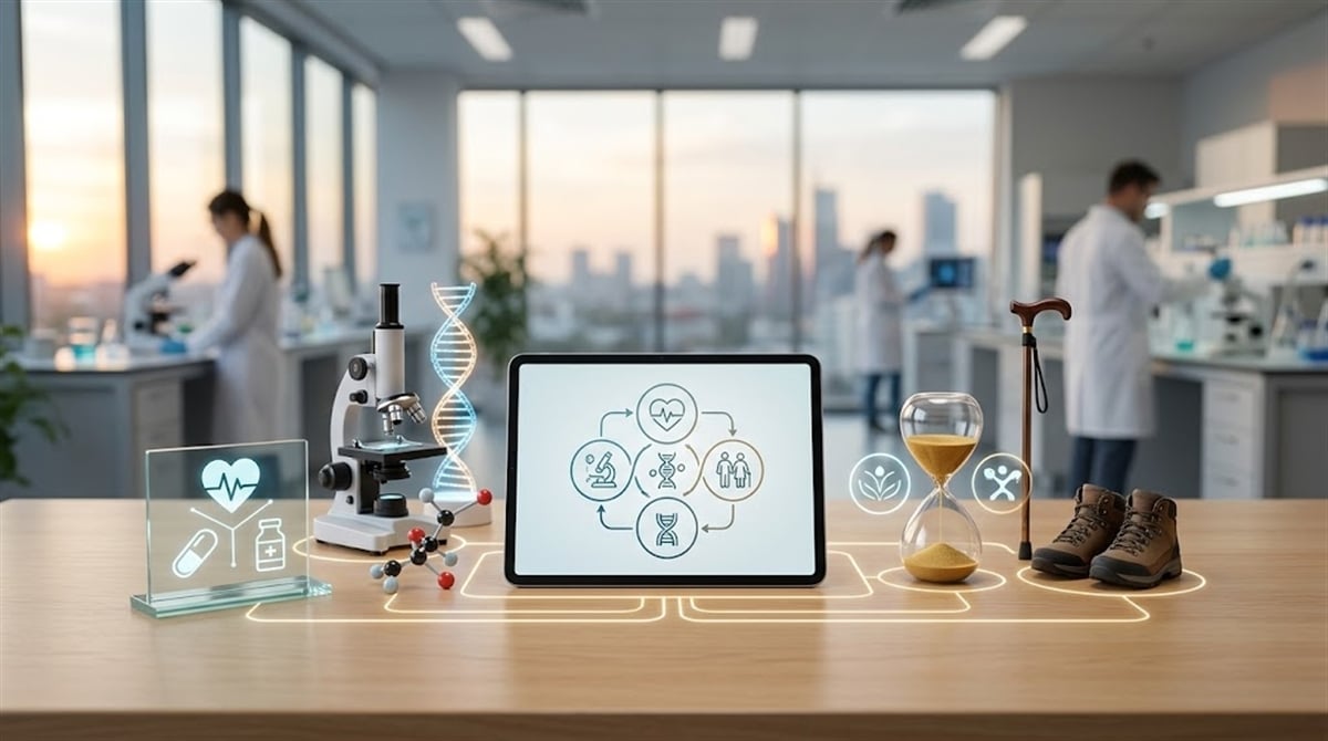 A laboratory desk displays a tablet with health icons, a microscope, DNA model, and hourglass, with researchers working in the background.