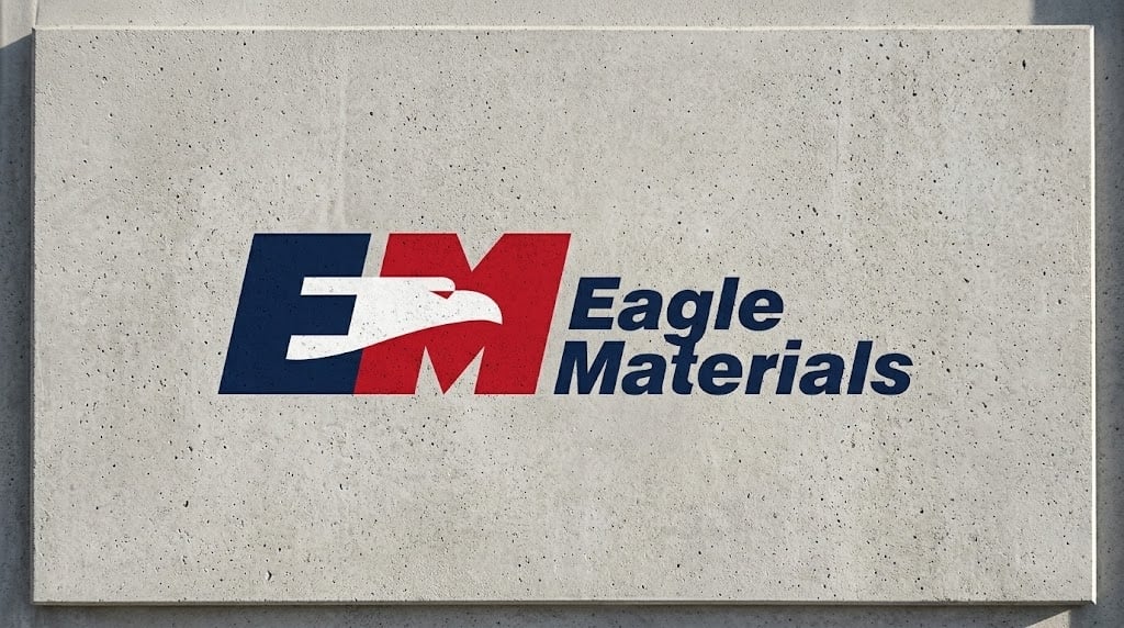 Eagle Materials logo displayed on a concrete wall, featuring the company name and eagle icon.