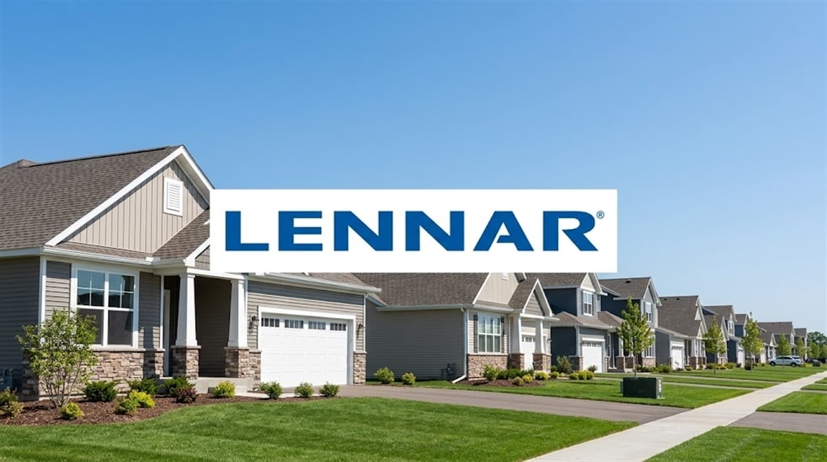 Lennar Corporation logo overlaid on a suburban residential street lined with new single-family homes.