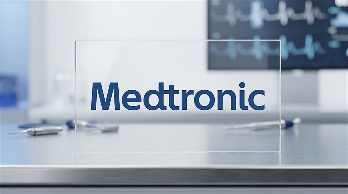 Medtronic logo displayed on a clear panel in a medical device laboratory setting.