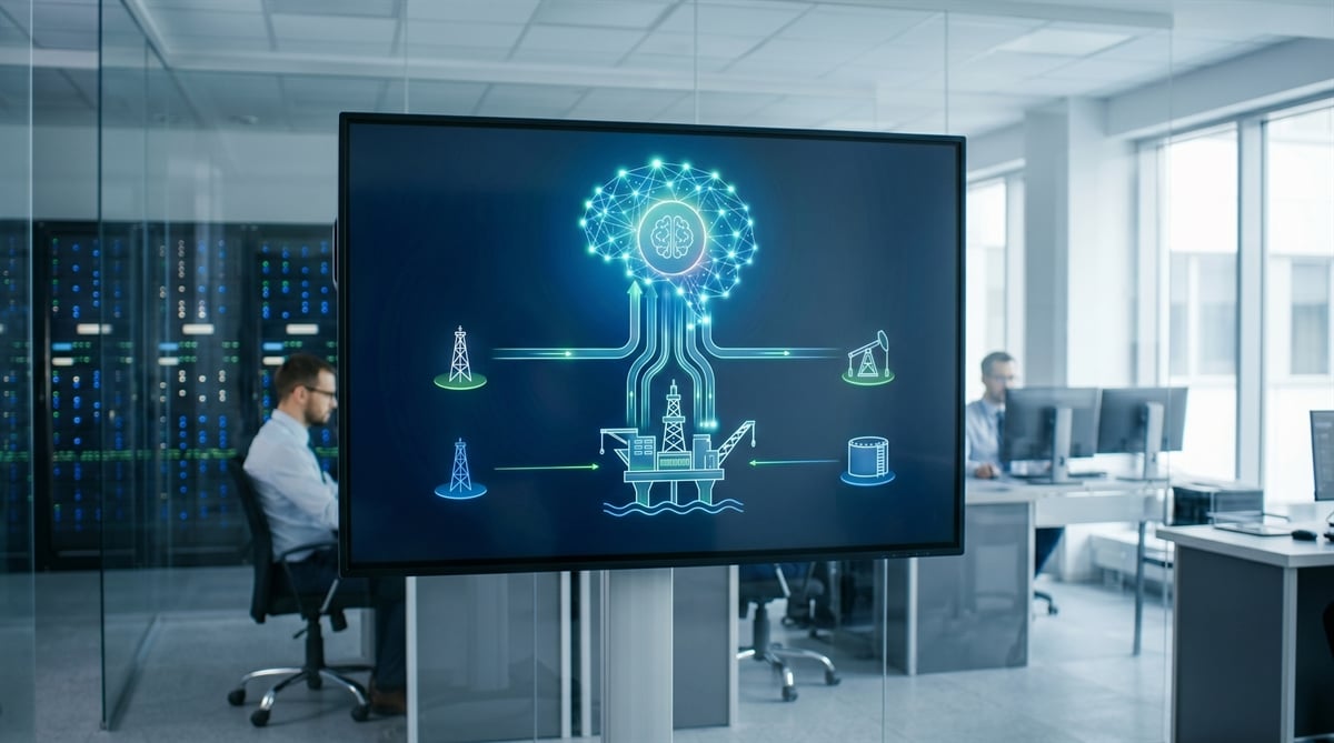A display screen in a tech office shows an AI-connected oil and gas infrastructure diagram.