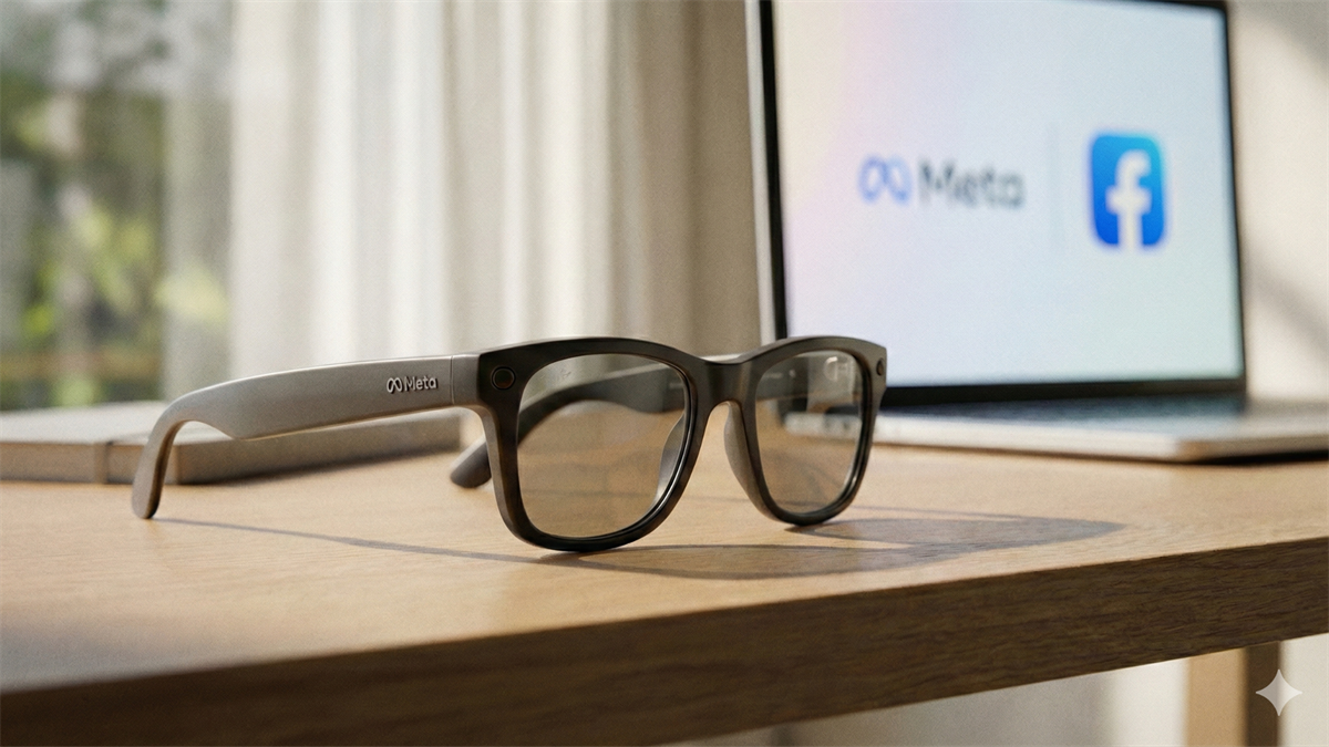 Meta-branded smart glasses on a wooden desk, with a laptop in the background showing Meta and Facebook logos.