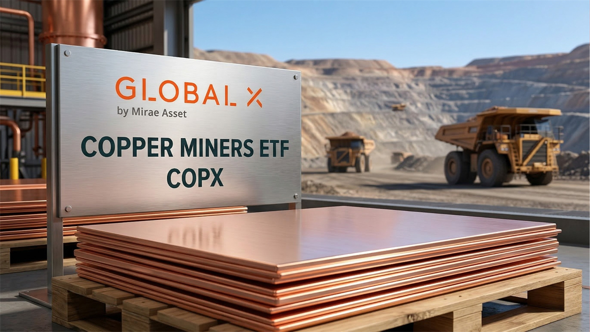 Global X Copper Miners ETF COPX sign with copper sheets and mine trucks, highlighting buy-the-dip after 20% pullback