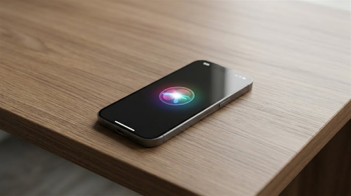 An Apple iPhone displaying the Siri voice assistant interface rests on a wooden table.