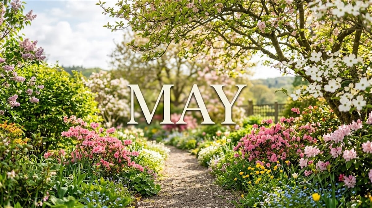 A garden path lined with spring flowers and blooming trees overlaid with the word May.