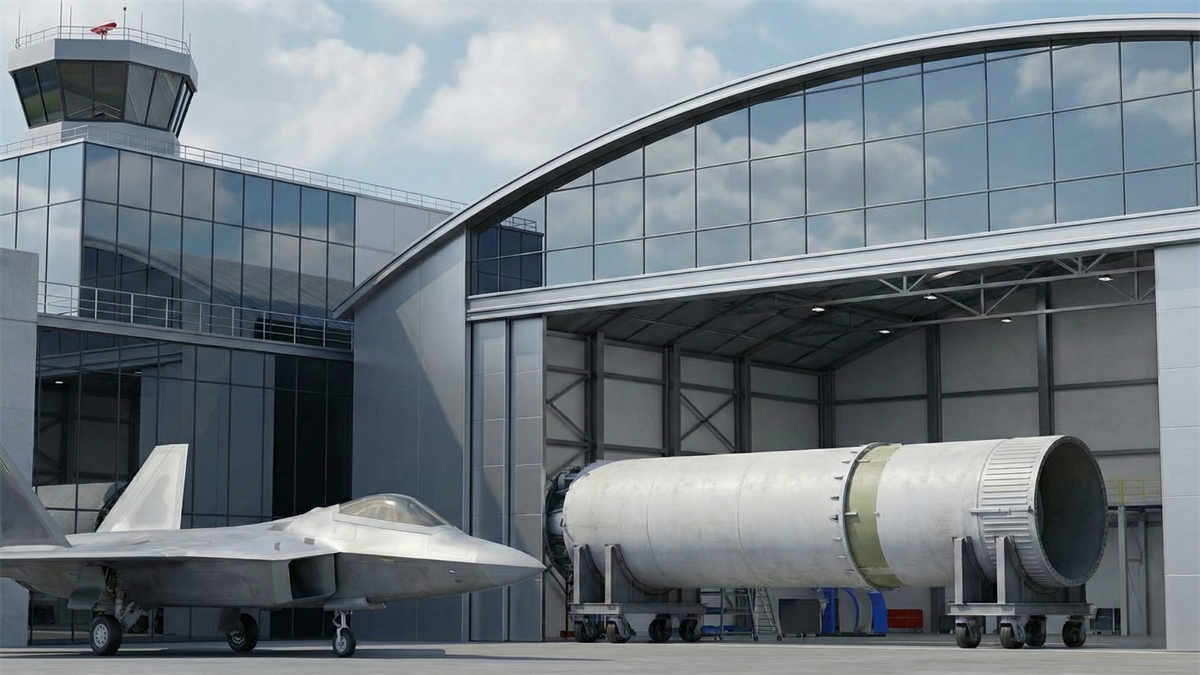 Modern aircraft hangar with a stealth fighter jet beside a large aircraft fuselage section, aerospace defense setting.