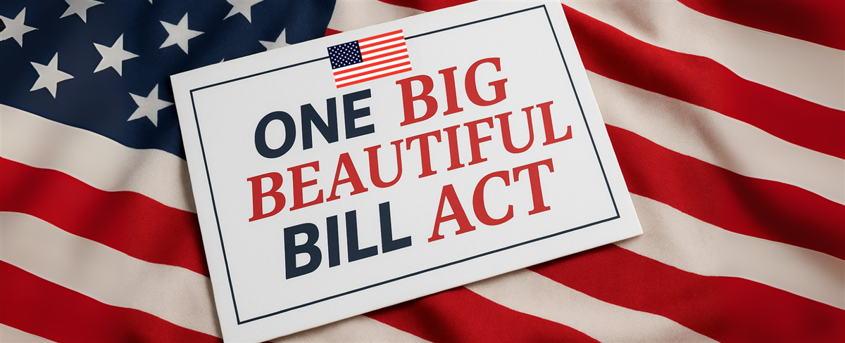 One Big Beautiful Bill Act sign and flag - This image is an original composition by MarketBeat using licensed and editorial elements. Not for redistribution or reuse.