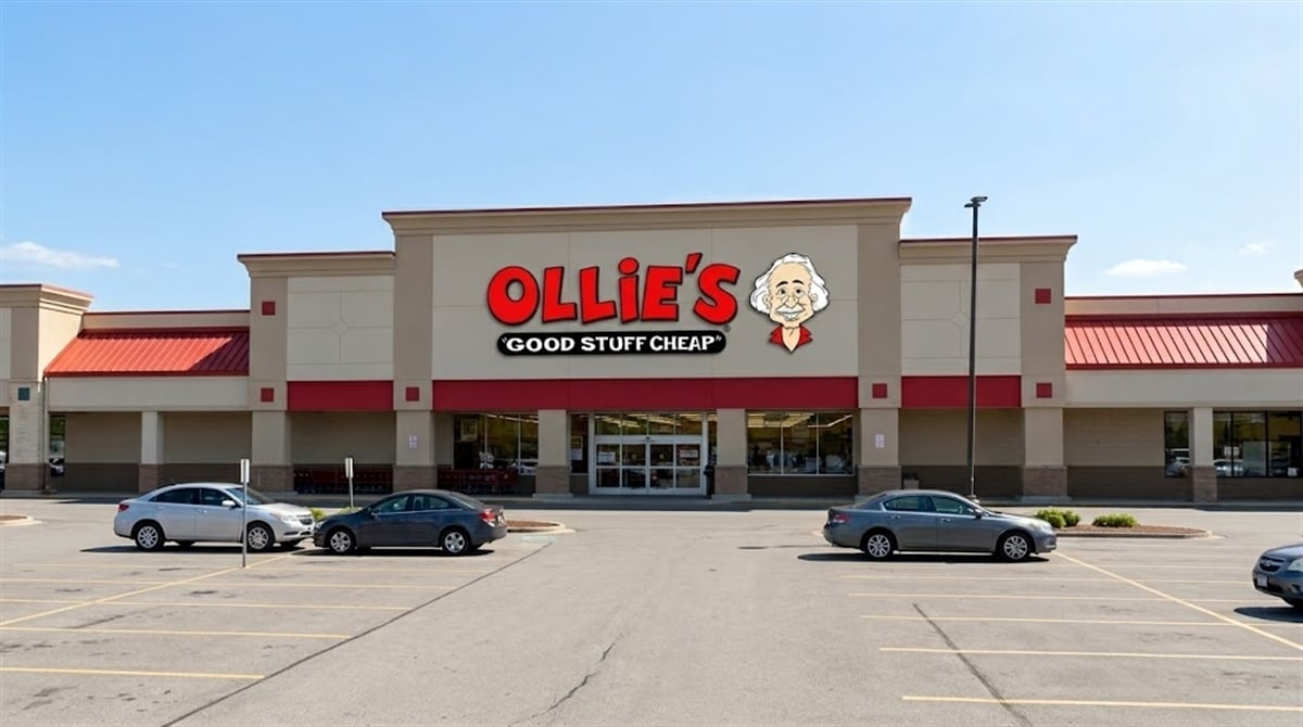Exterior of an Ollie's Bargain Outlet store with its branded signage and parking lot visible.