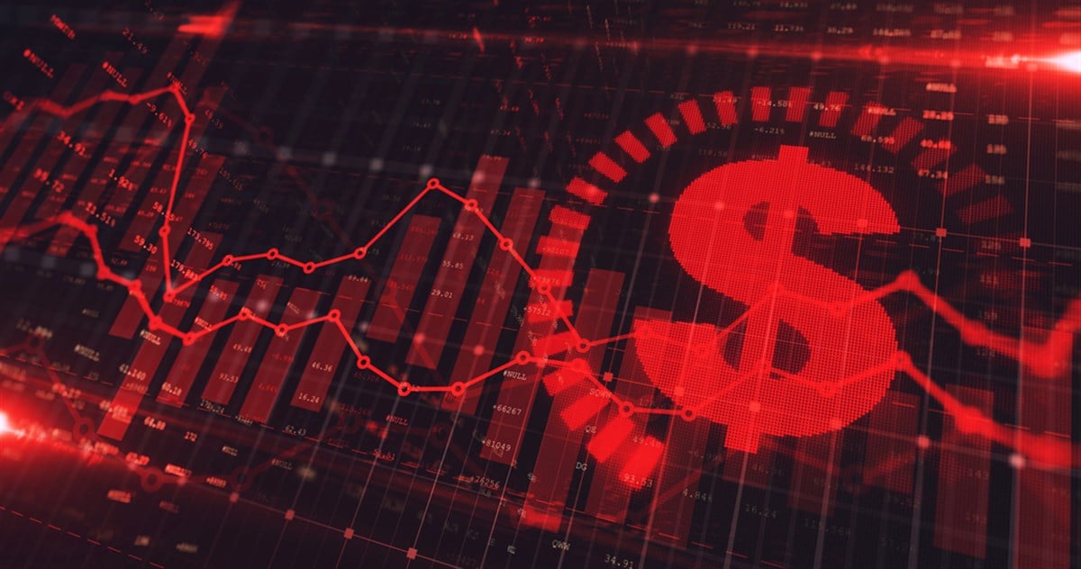 Stock market Dollar trading graph in red color as economy 3D illustration background. Trading trends and economic statistics. — Photo