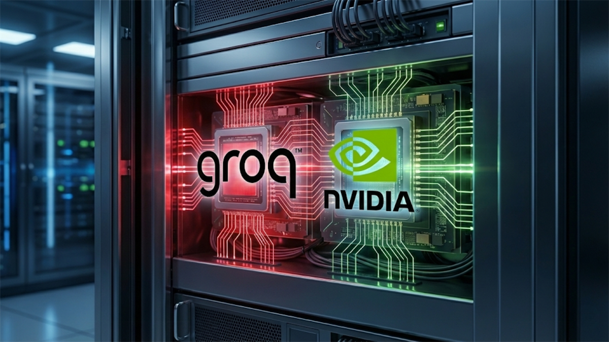 Groq and Nvidia chips glow side-by-side in a server rack, symbolizing a high-performance AI partnership.