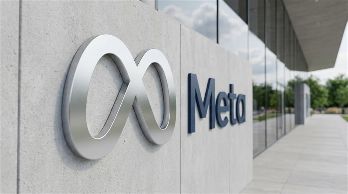 Meta Platforms logo and wordmark mounted on the exterior wall of a corporate office building.