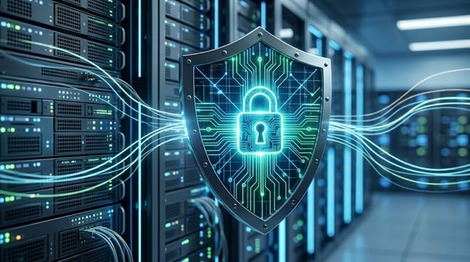 A glowing cybersecurity shield with a padlock icon in a data center.