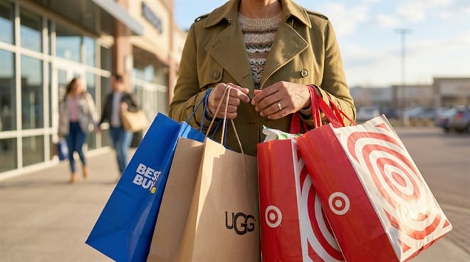 Shopper carries Target, Best Buy, and UGG bags, reflecting a tax refund spending boost for consumer retailers.