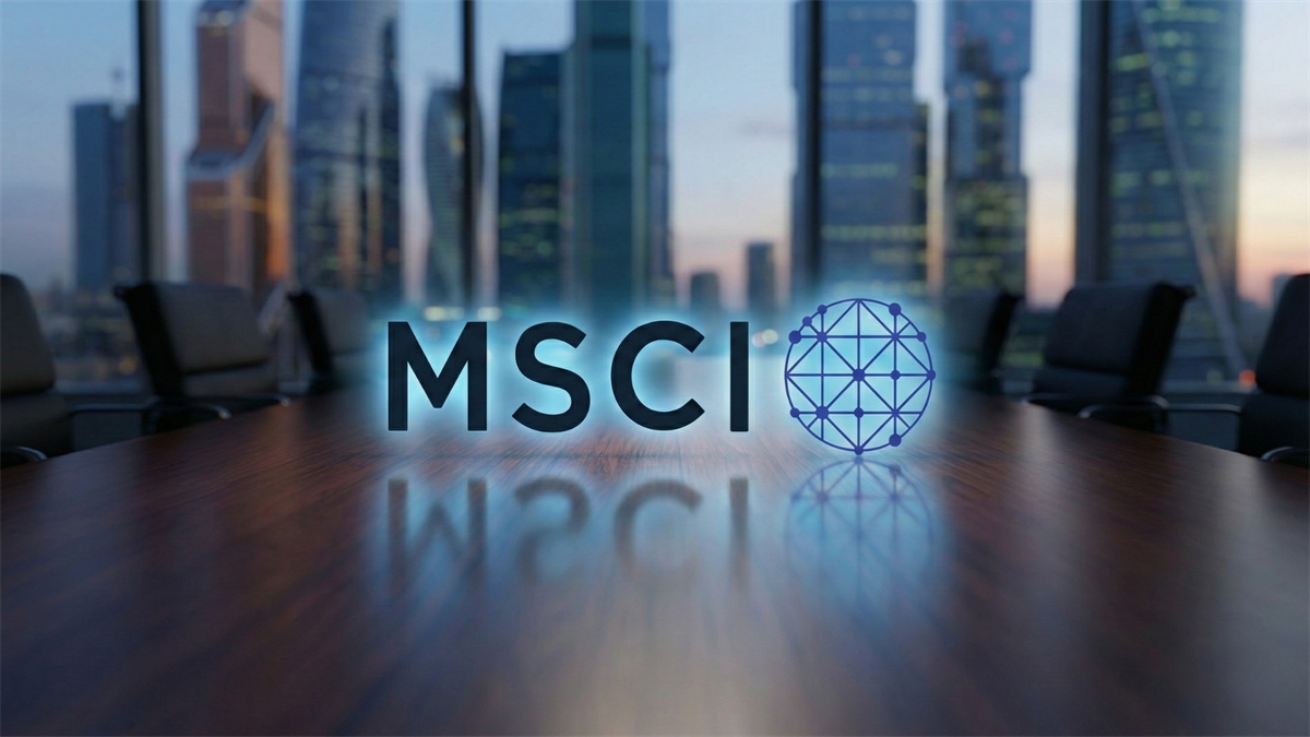 MSCI logo glowing above a conference room table, with a blurred city skyline visible through large windows.