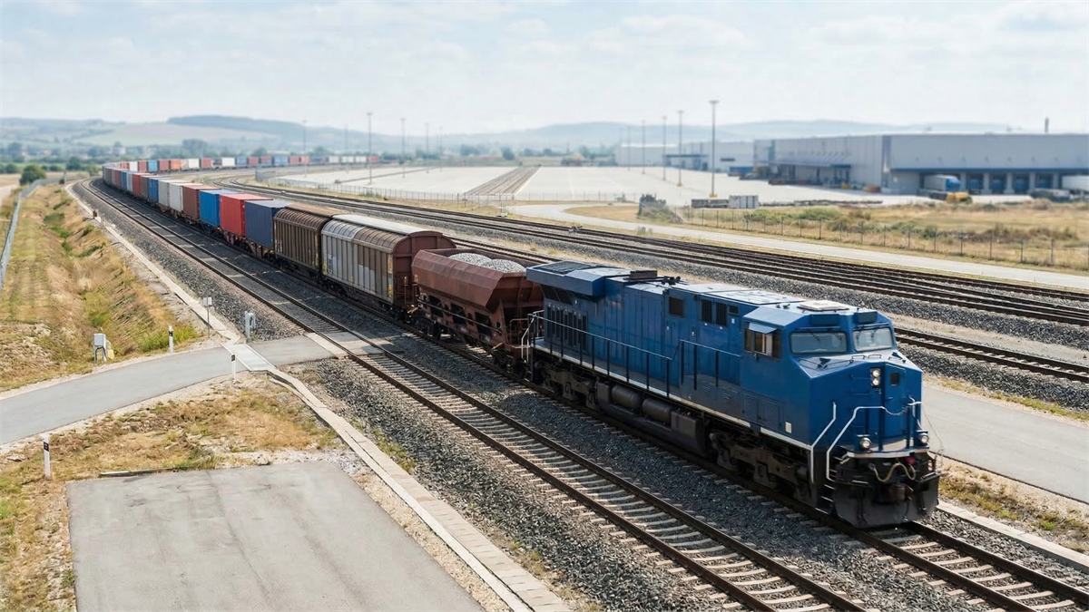 Freight train hauling cargo across rail network, illustrating resilient railway infrastructure and steady transport demand.