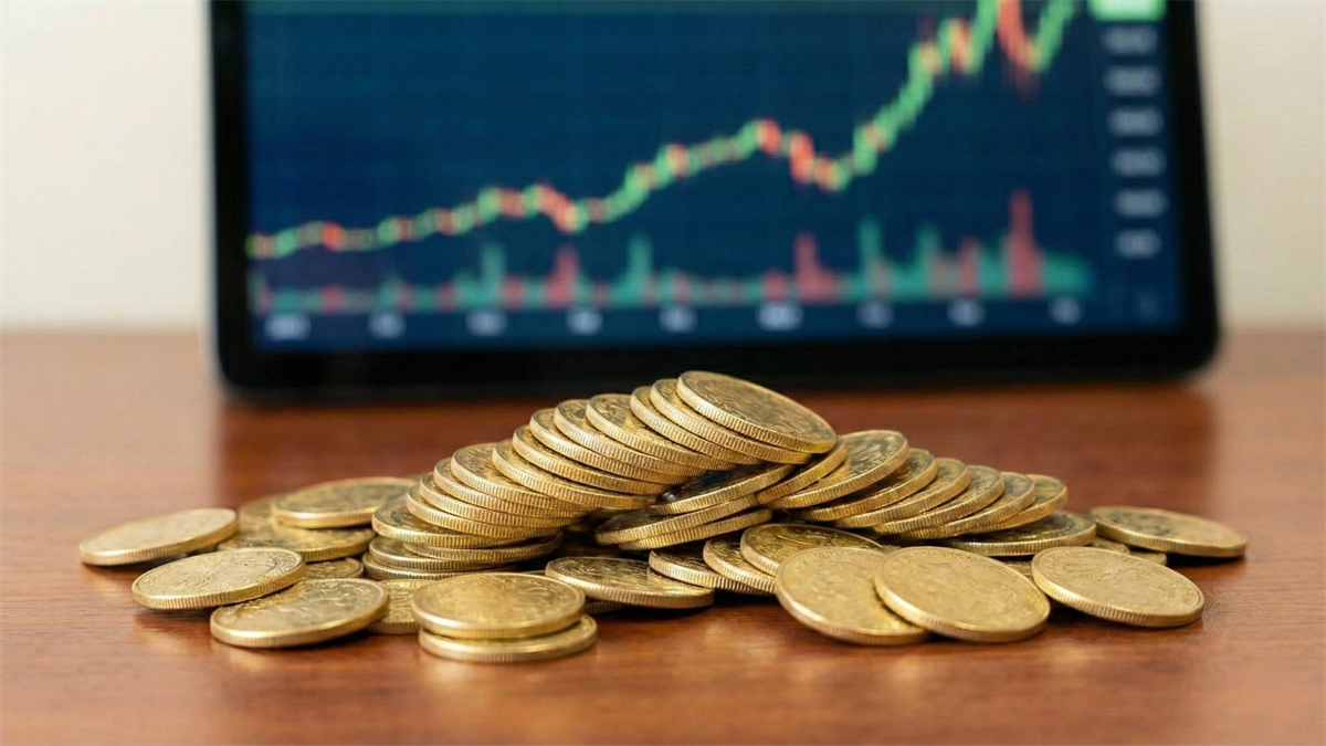 Stack of gold coins before a stock chart on a tablet, symbolizing defensive dividend investing.