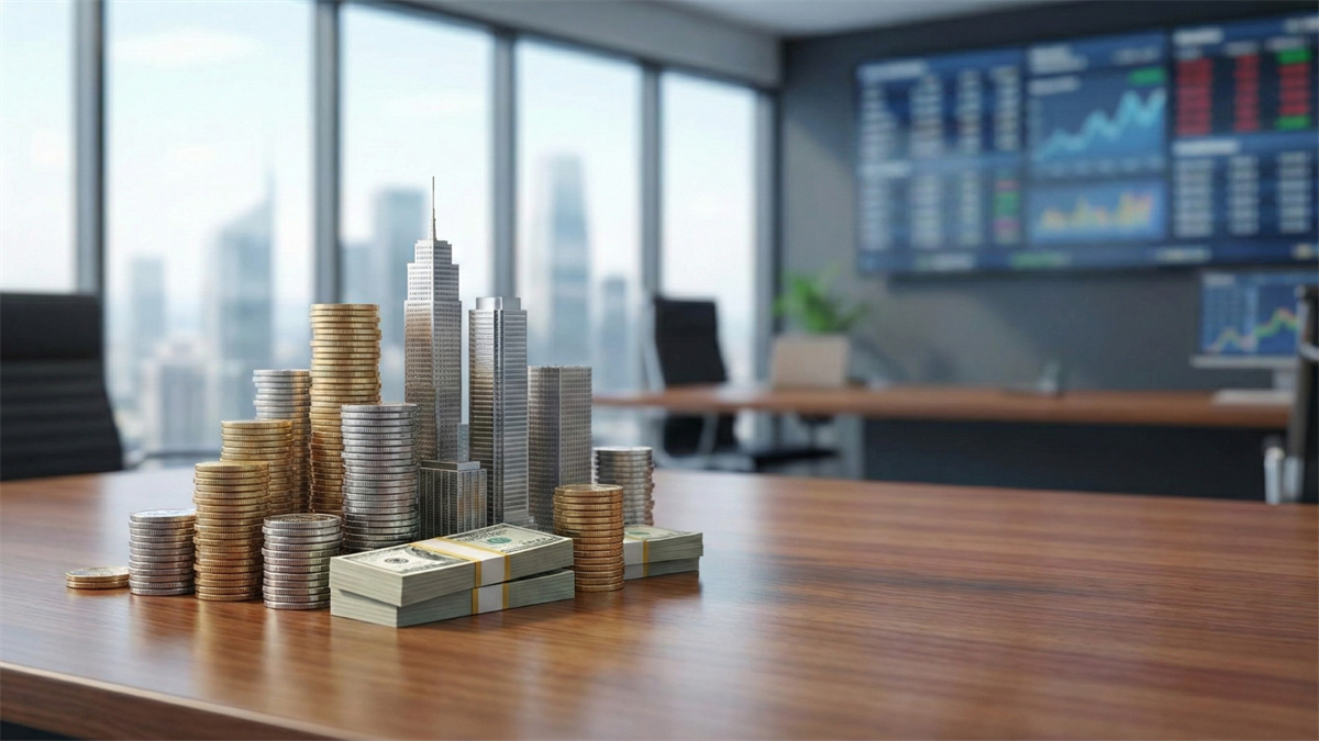 Stacks of coins and cash forming a city skyline on an office desk, symbolizing REIT sector rebound and real estate investment growth