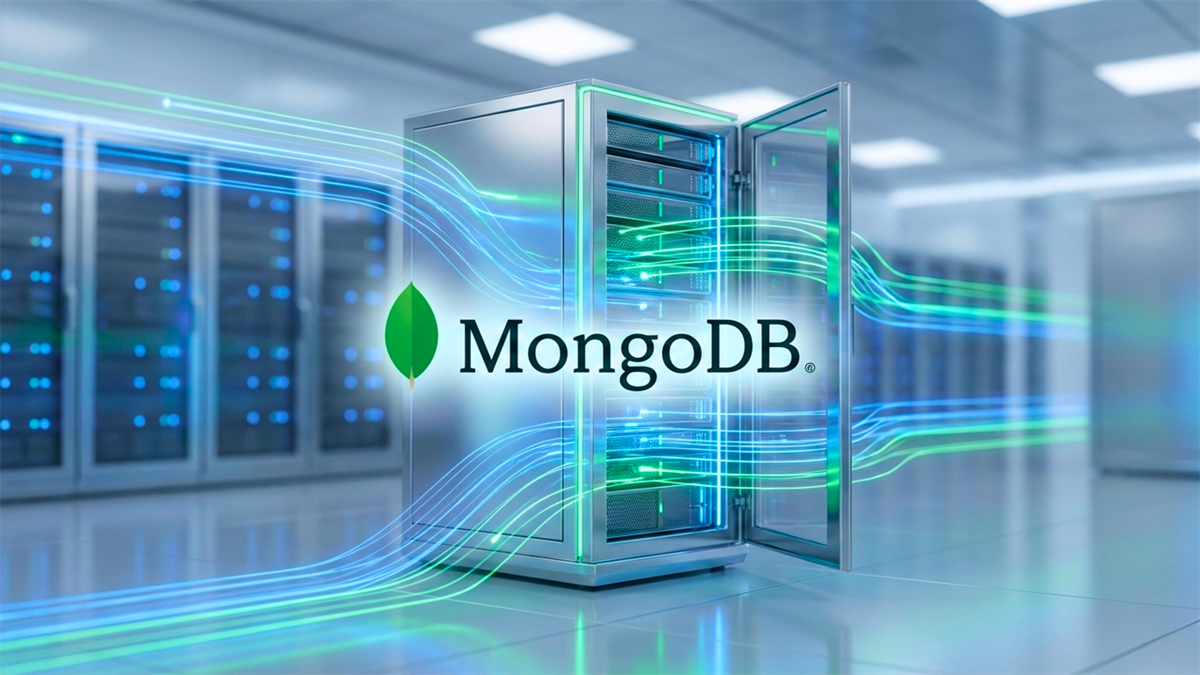 MongoDB branding appears on server infrastructure in a data center, highlighting cloud database technology.