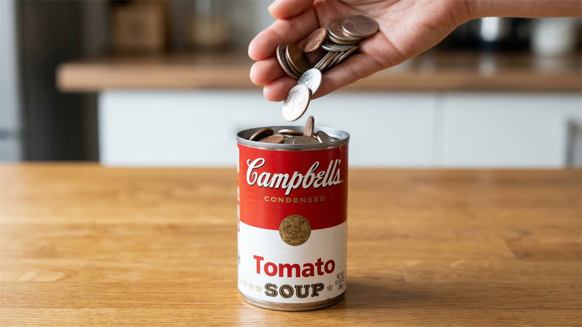 Hand dropping coins into a Campbell’s Tomato Soup can, symbolizing CPB stock as a potential income investment.