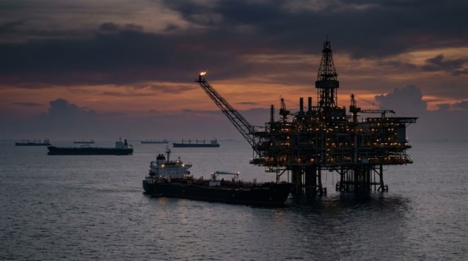 An offshore oil platform with a gas flare burns at dusk, surrounded by tanker vessels at sea.