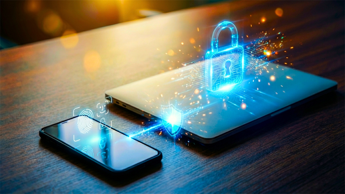 A glowing digital padlock hovers over a laptop beside a smartphone displaying a fingerprint icon.