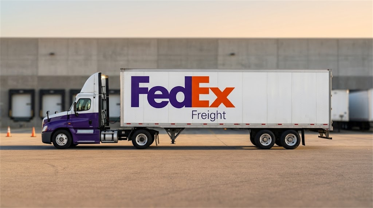 A FedEx Freight semi-truck and trailer parked outside a distribution facility.