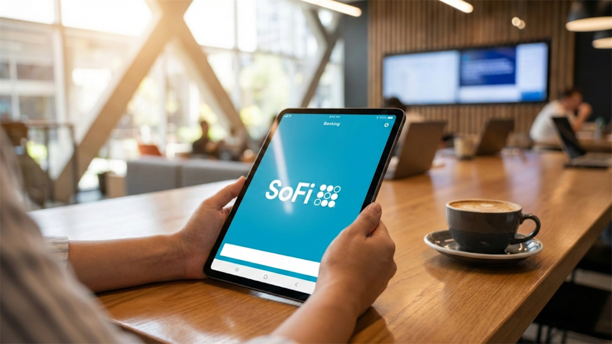 SoFi app on a tablet in a café workspace, highlighting fintech on-the-go.