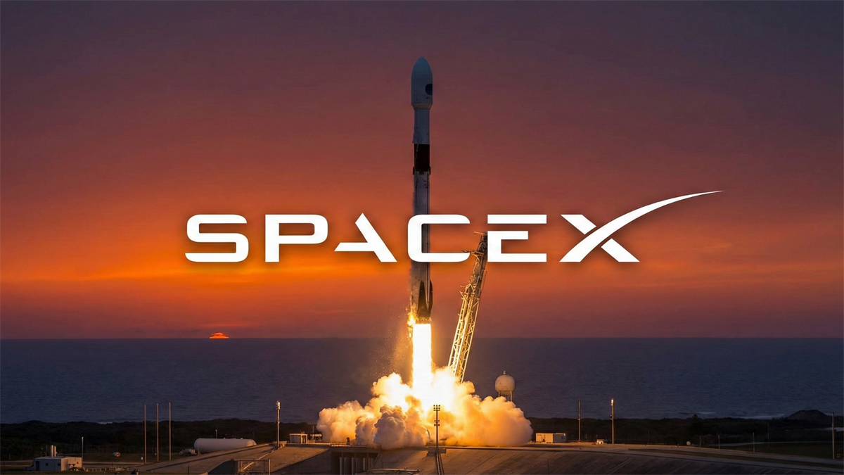 Space X logo in front of a launch in progress.