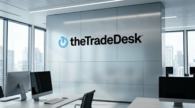The Trade Desk logo displayed on a wall inside a modern corporate office.