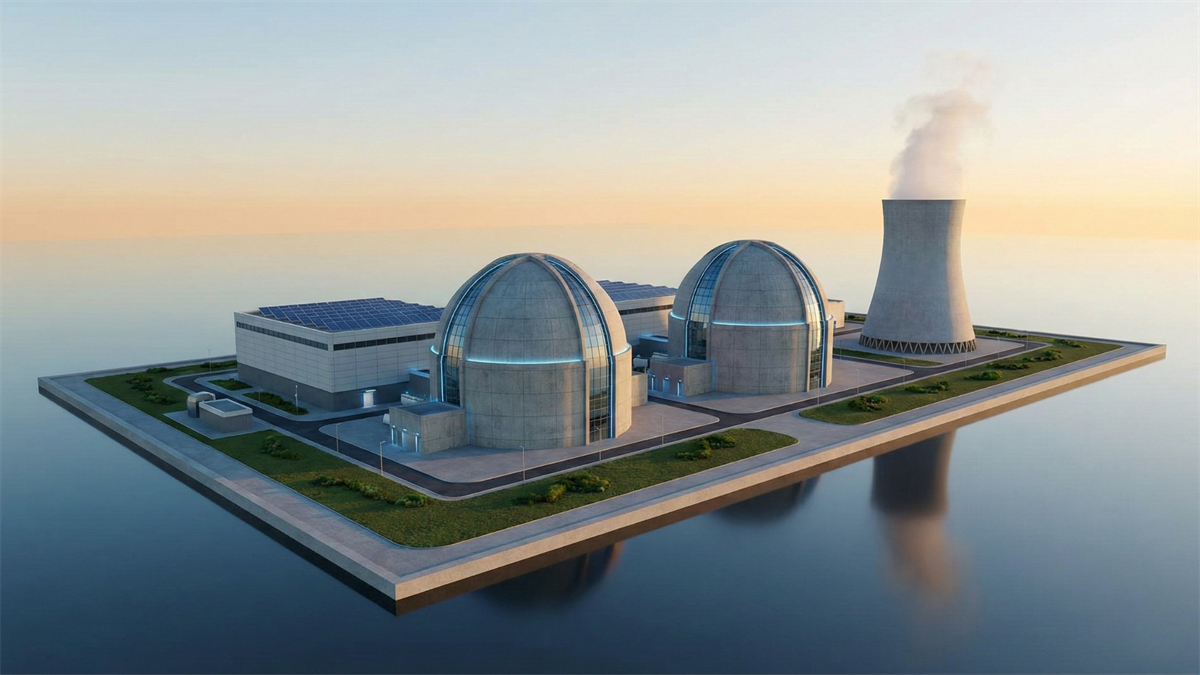 Photorealistic advanced nuclear power plant with domed reactors and cooling tower, symbolizing next-generation nuclear energy infrastructure.