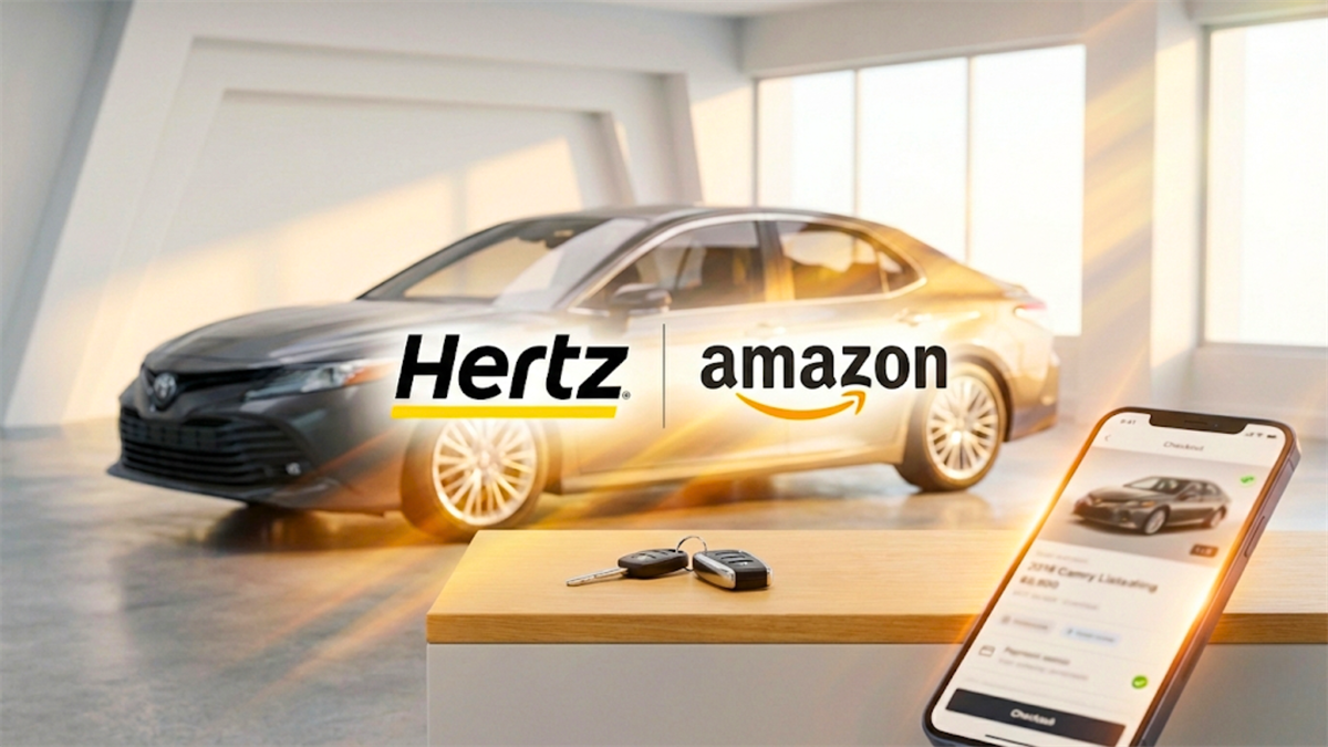 Hertz and Amazon logos over car rental scene with keys and app on phone, highlighting partnership and mobility stocks.