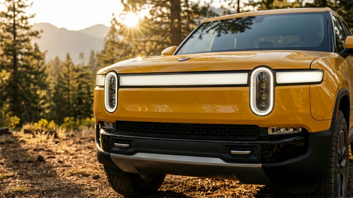 Rivian electric SUV in outdoor setting at sunrise.