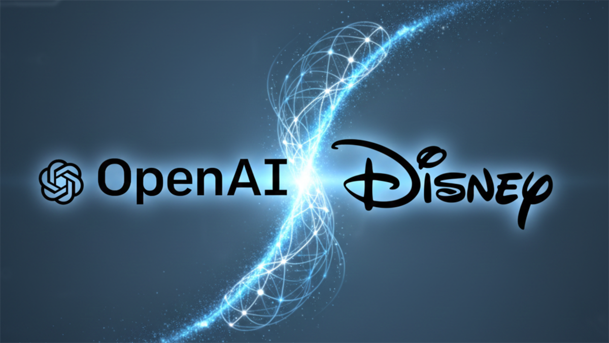 Composite image of the OpenAI and Disney logos, representing a partnership between the two.