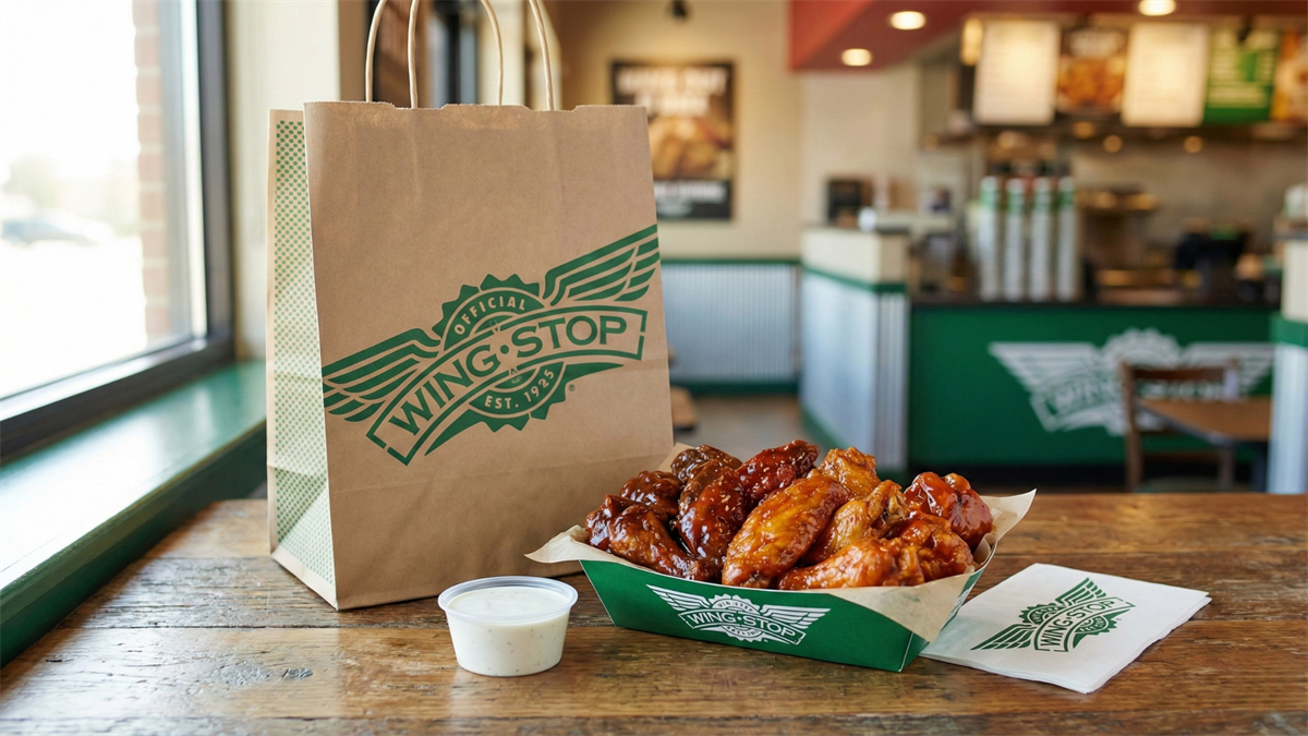 Wingstop branded takeout bag and sauced wings inside restaurant, highlighting earnings rebound in fast-casual dining.