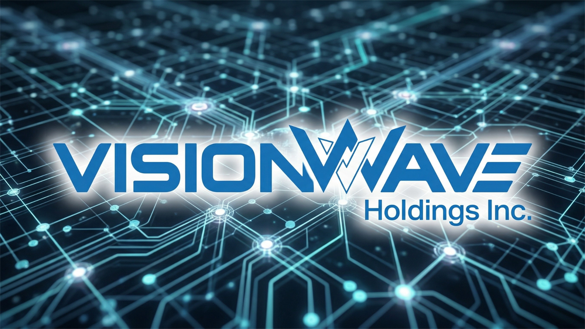 VisionWave Holdings logo over digital network background, symbolizing defense tech and acquisition-driven growth strategy.
