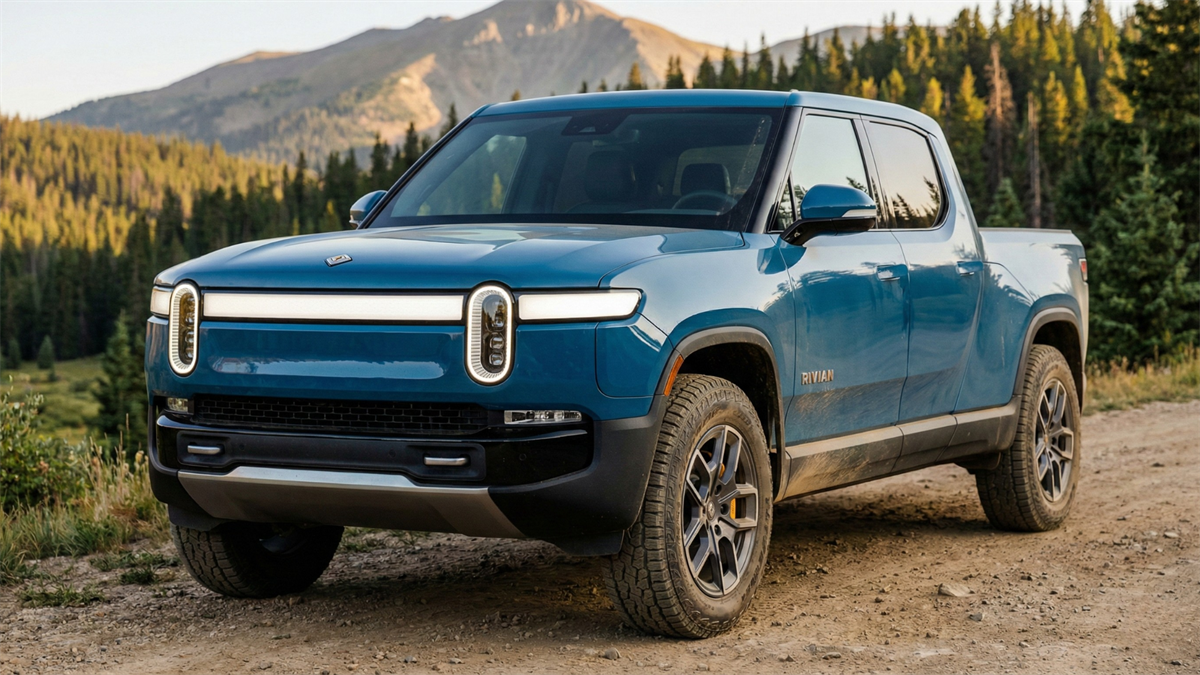 Blue Rivian electric pickup truck parked on a dirt road with forested mountains, representing the electric vehicle automaker.