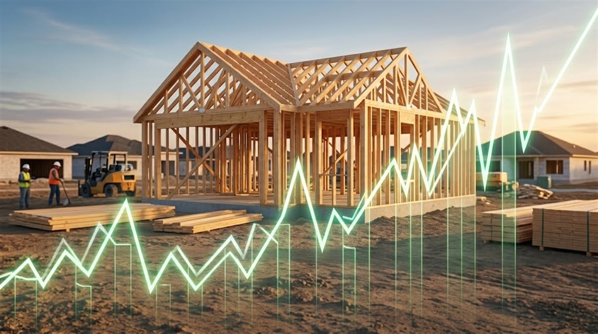 A residential home under wood-frame construction overlaid with a rising green stock price chart.