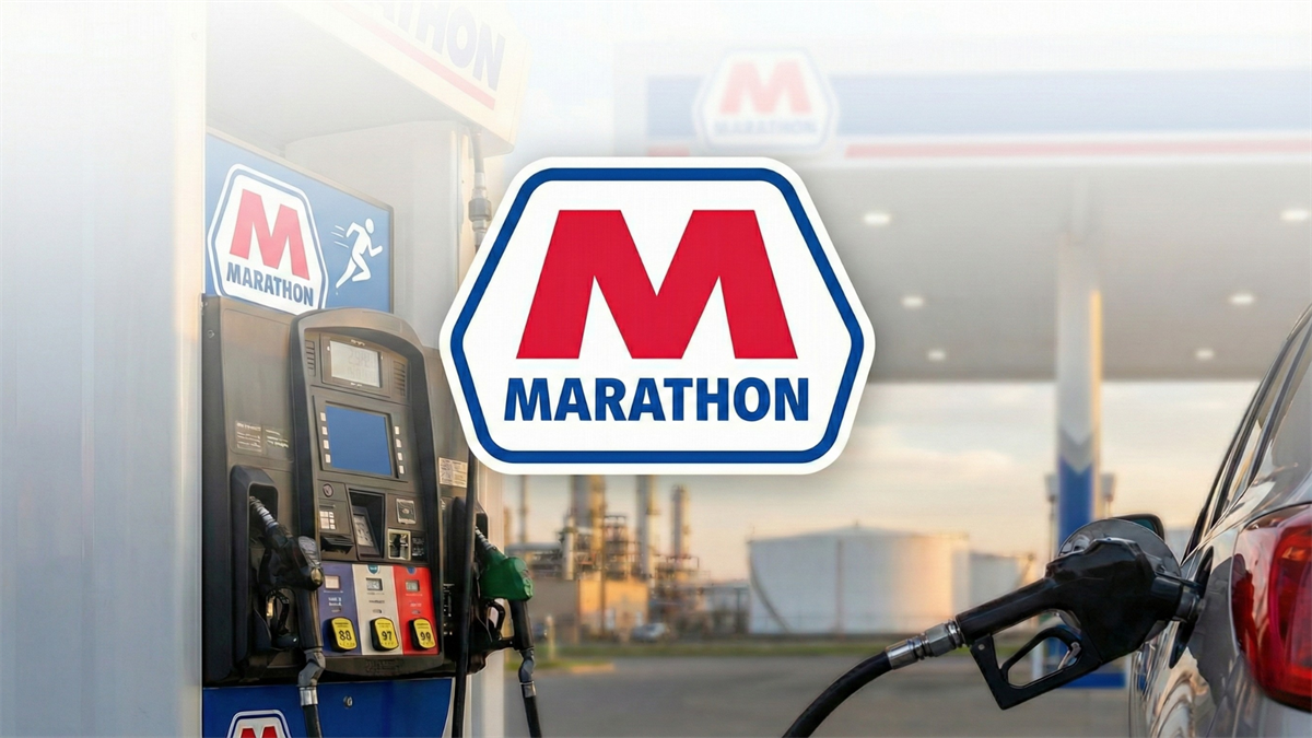 Marathon Petroleum gas pump with large Marathon “M” logo, car refueling, refinery blurred behind.