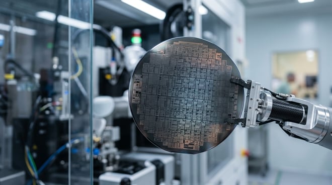 A robotic arm holds a silicon semiconductor wafer inside a chip fabrication facility.