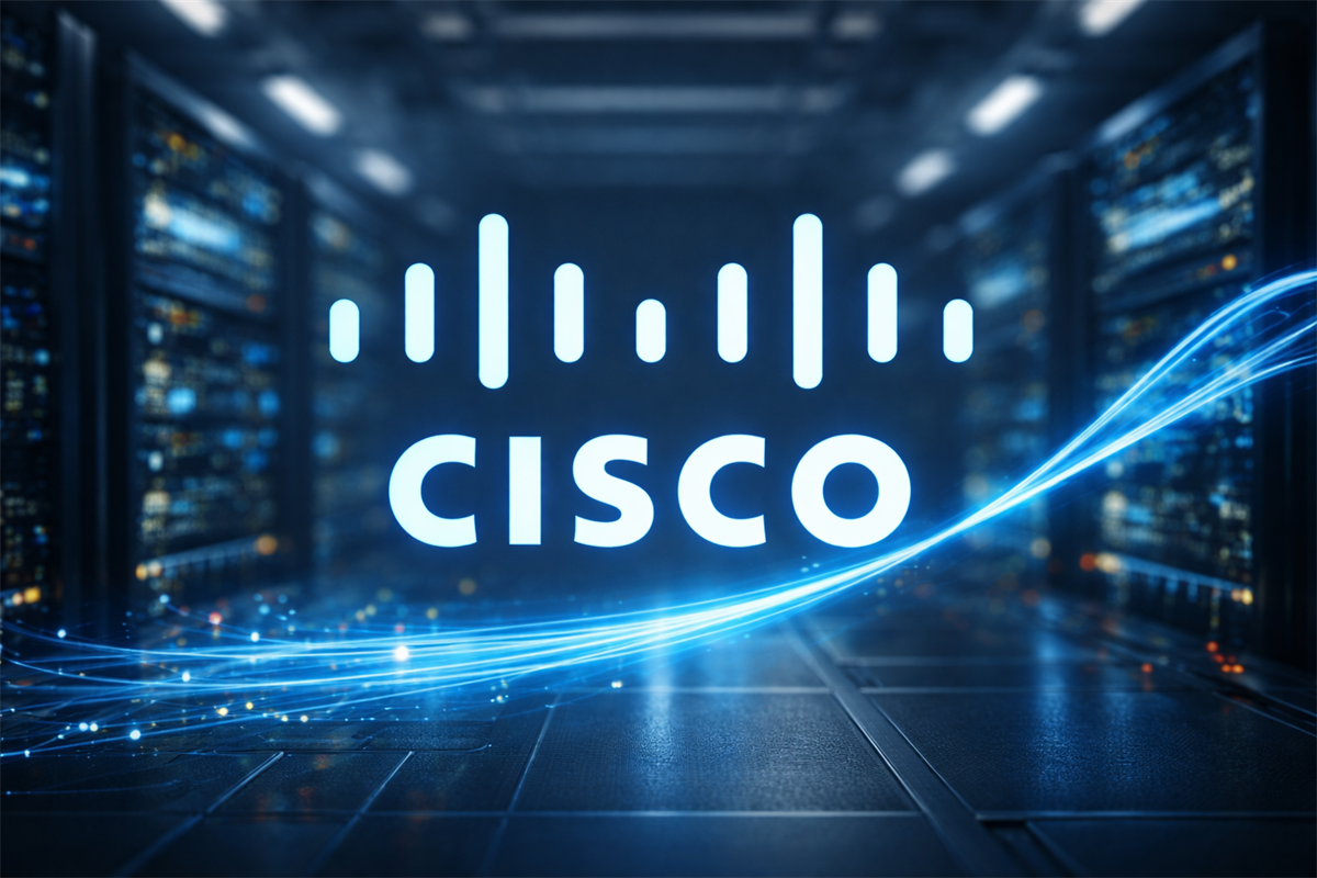 Cisco logo illuminated against a tech backdrop.
