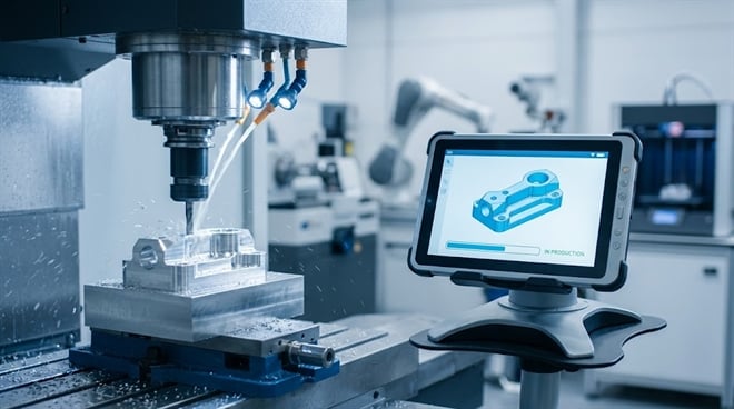A CNC milling machine cuts a metal part alongside a tablet displaying a 3D CAD model in a manufacturing facility.
