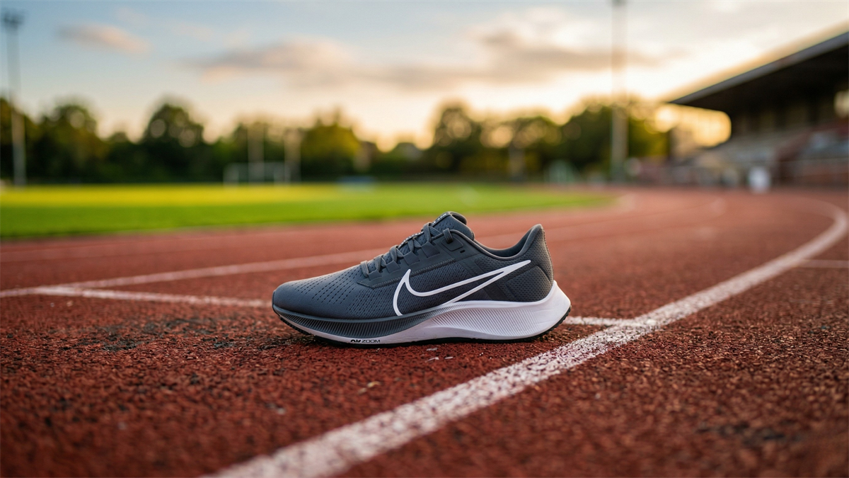 Nike running shoe on track at sunset, symbolizing athletic footwear industry amid market slowdown and turnaround narrative.