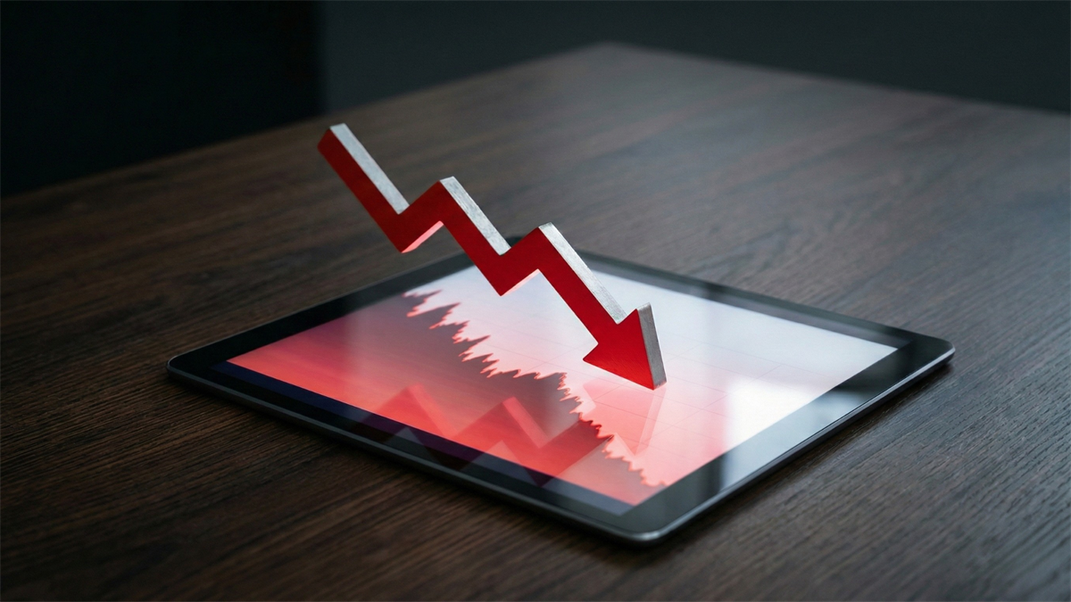 A red downward-pointing zigzag arrow emerges from a tablet screen displaying a falling stock chart, symbolizing market declines and negative financial momentum.