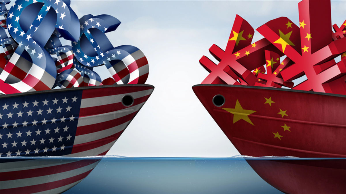 Two ships representing the U.S. and China face off, with the American ship filled with dollar symbols in U.S. flag colors and the Chinese ship filled with yuan symbols in Chinese flag colors, symbolizing economic competition or trade tensions