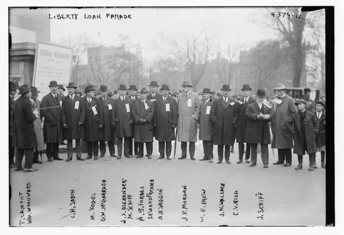 Wealthy bankers pose for a group photo at the Liberty Loan parade.